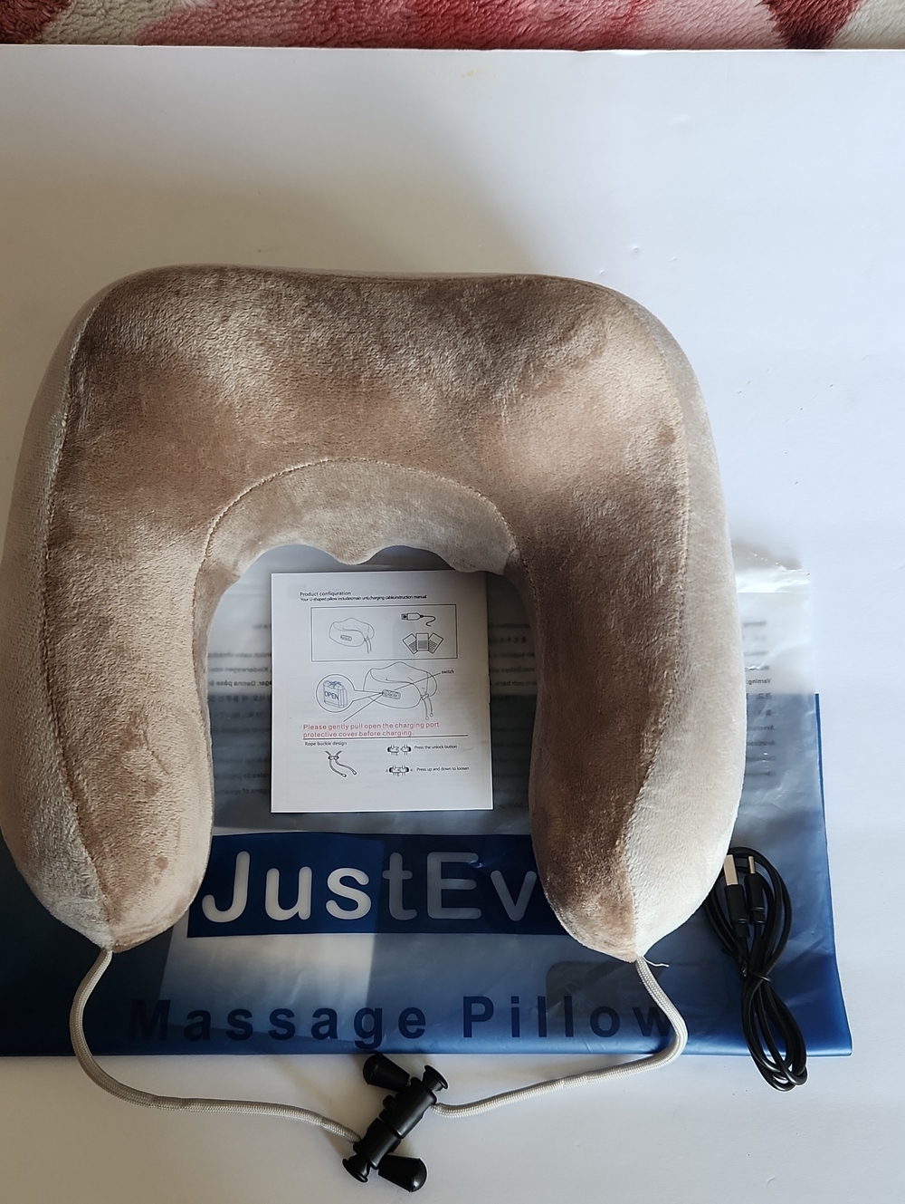 Beige Memory Foam Travel Neck Pillow with Massager